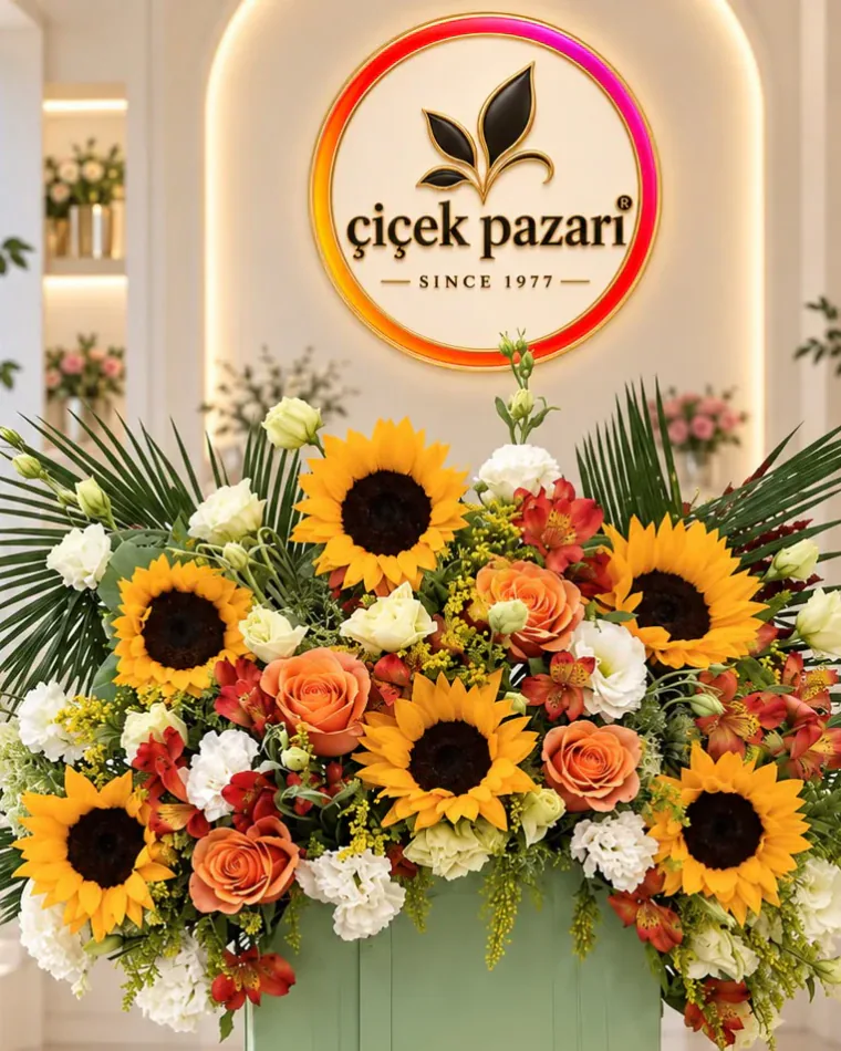 Ada çayı yeşili kutuda ayçiçeği, turuncu gül ve beyaz çiçeklerden aranjman