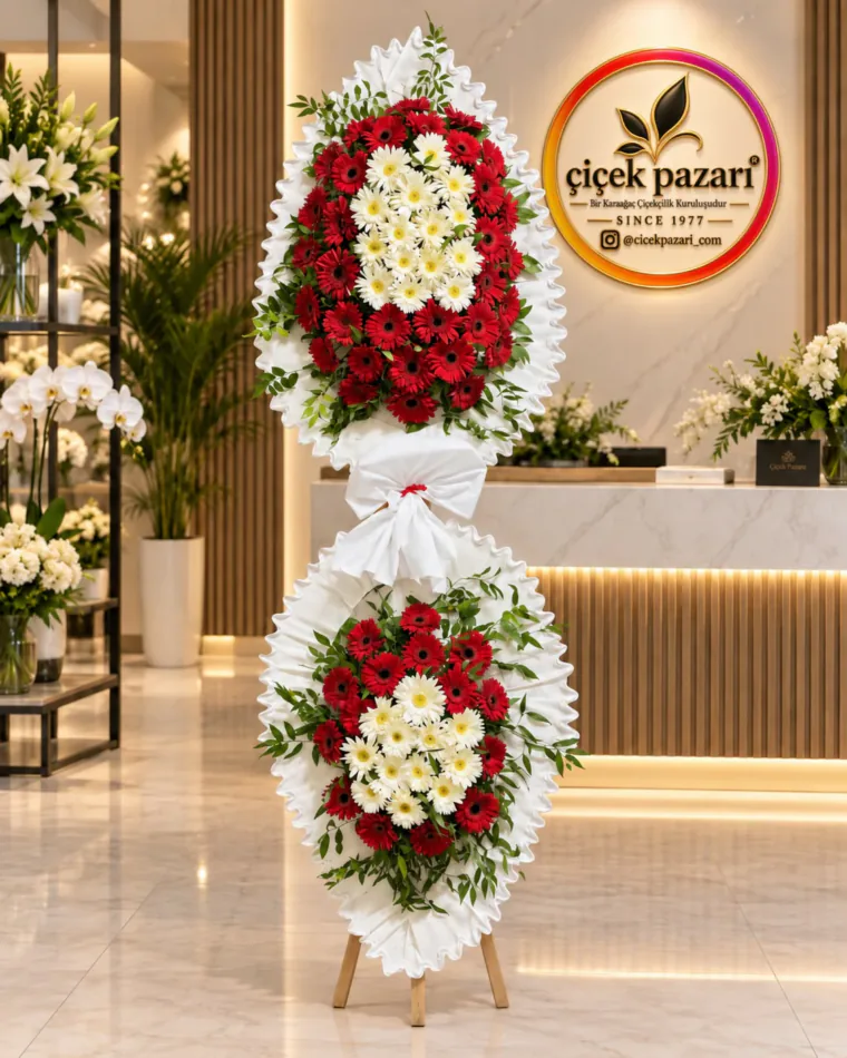 Fırfırlı beyaz çerçeveli iki katlı ferforje; kırmızı gerbera halkası içinde krem papatyalar