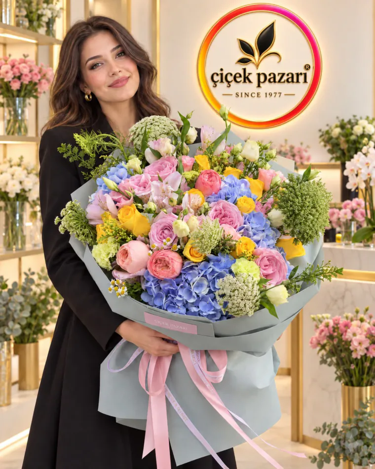 Ada çayı yeşili ambalajda mavi ortanca, pembe ve sarı gül, alstroemeria ile pastel karışık buket